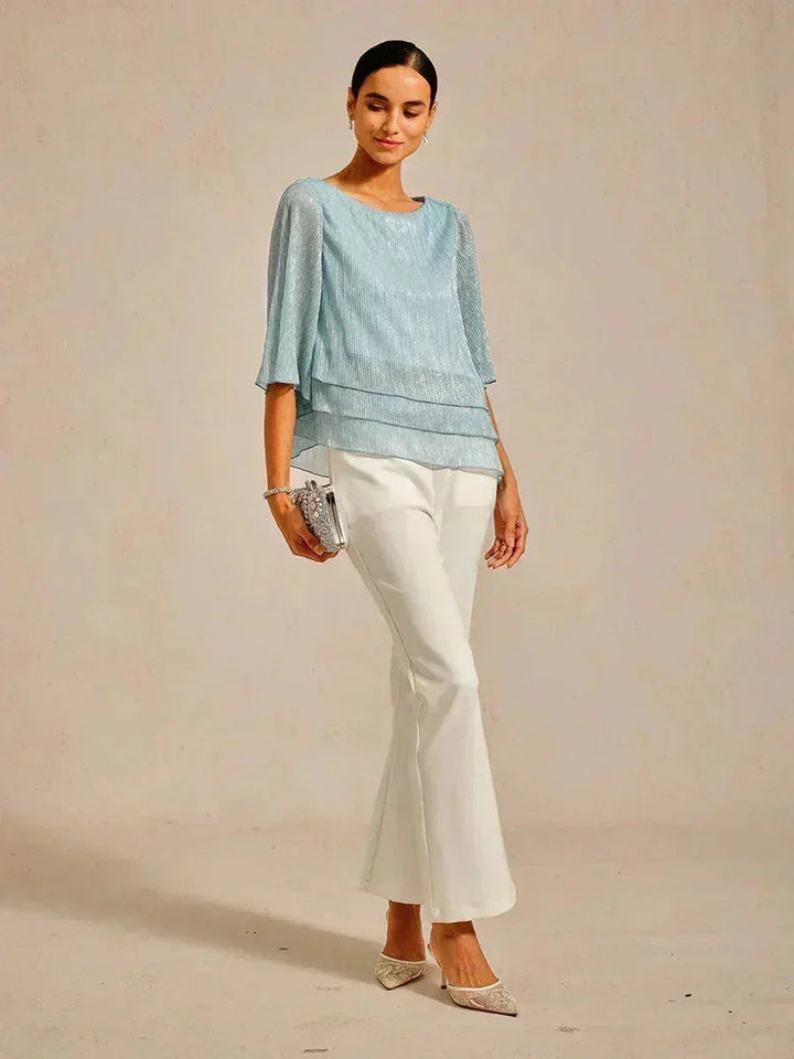 Metallic Geplooide Chiffon Asymmetrische Gelaagde Blouse