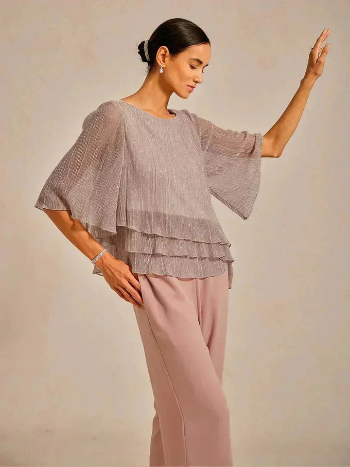 Metallic Geplooide Chiffon Asymmetrische Gelaagde Blouse