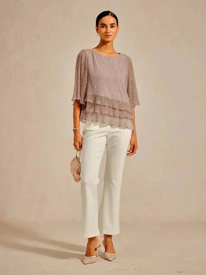 Metallisch Geplooide Chiffon Asymmetrische Gelaagde Blouse