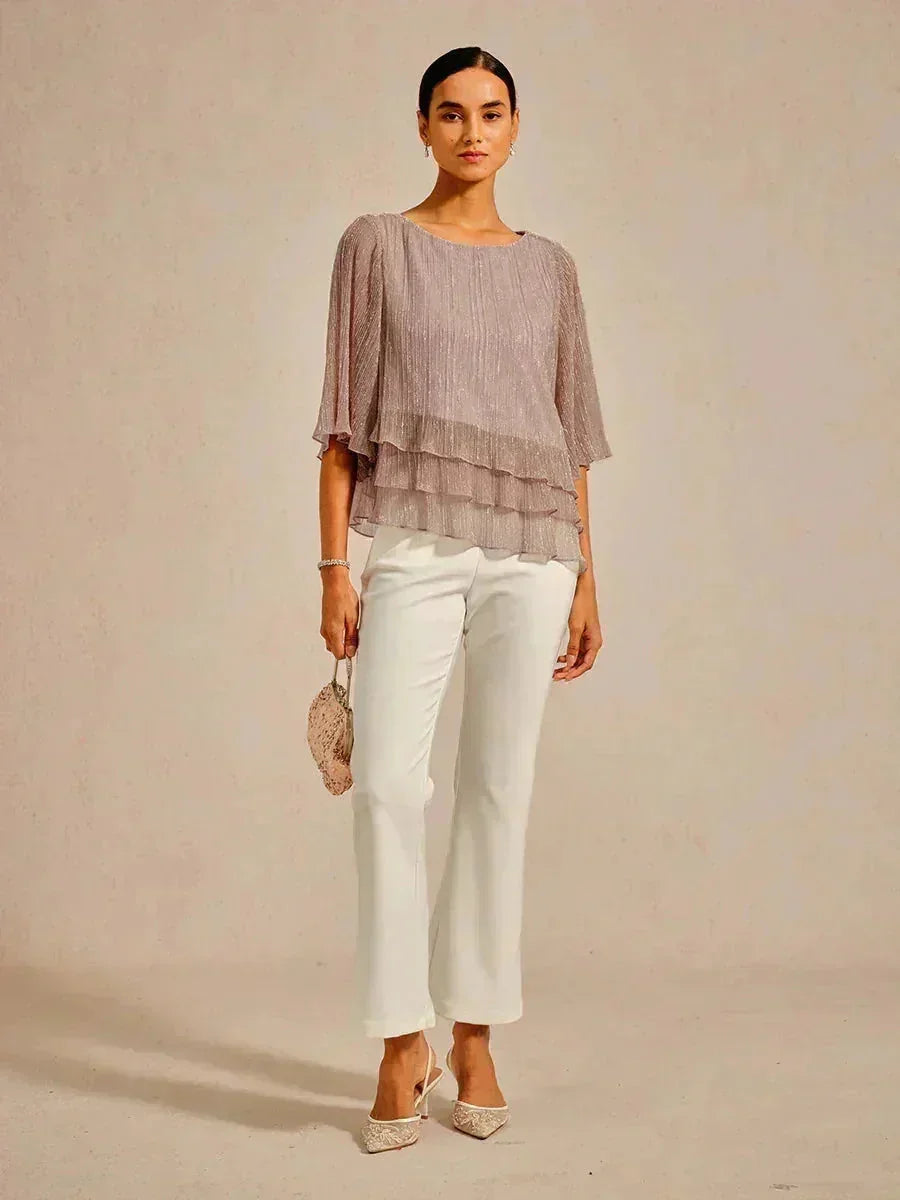 Metallic Geplooide Chiffon Asymmetrische Gelaagde Blouse
