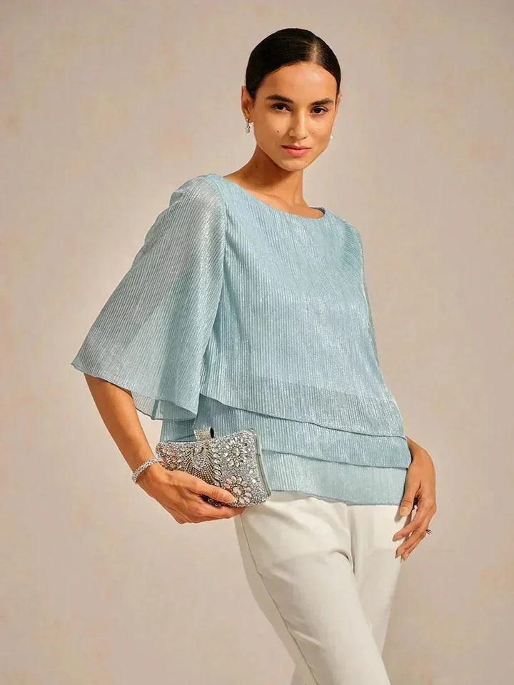 Metallische Geplooide Chiffon Asymmetrische Gelaagde Blouse