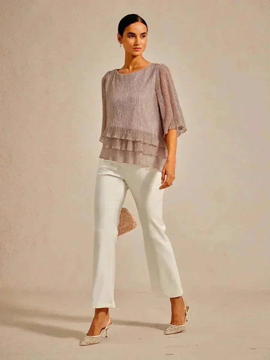 Metallic Geplooide Chiffon Asymmetrische Gelaagde Blouse