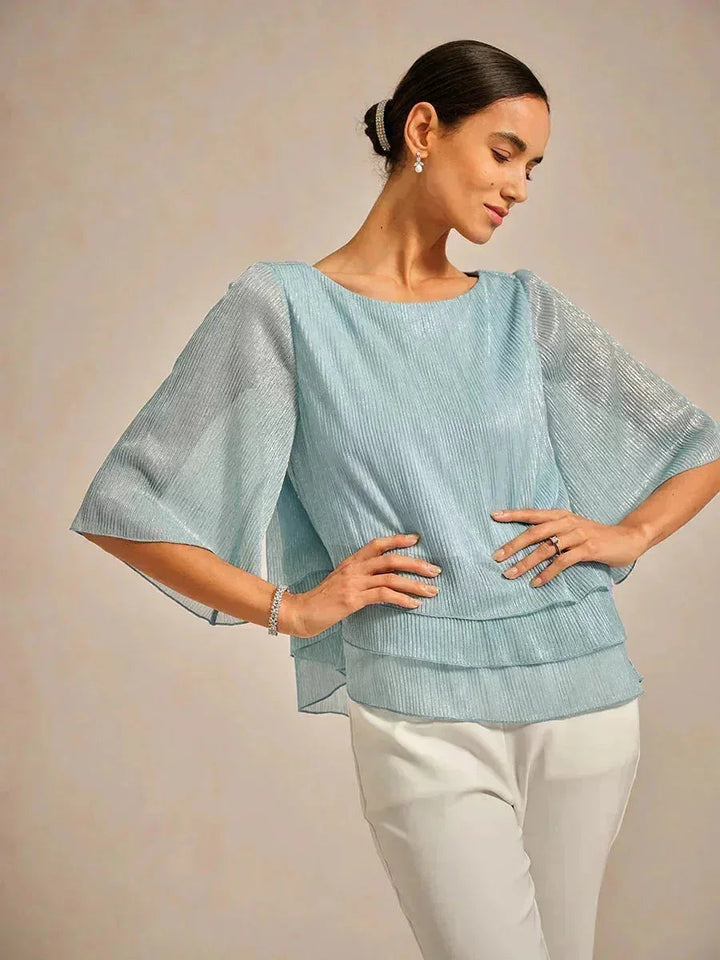 Metallic Geplooide Chiffon Asymmetrische Gelaagde Blouse