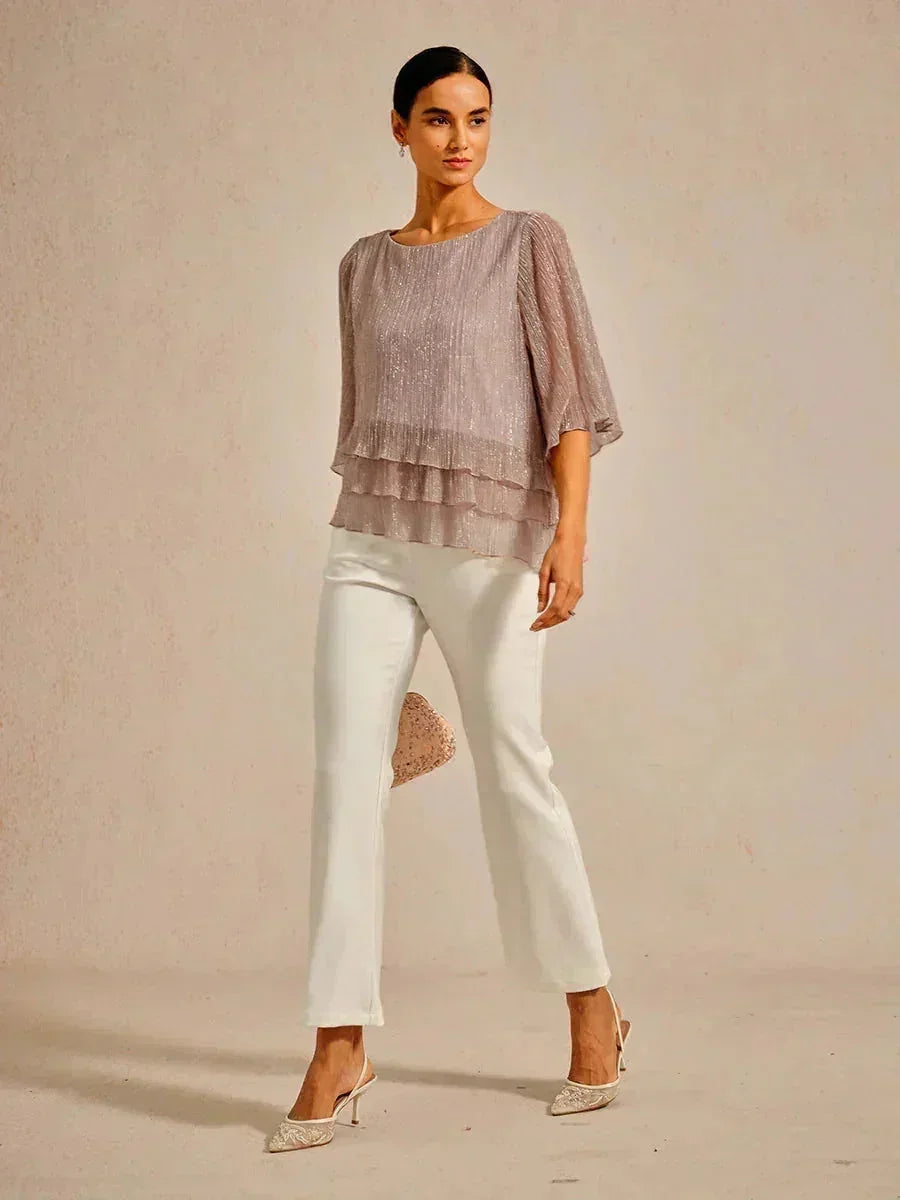 Metallische Geplooide Chiffon Asymmetrische Gelaagde Blouse