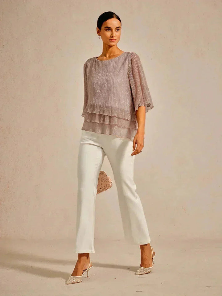 Metallisch Geplooide Chiffon Asymmetrische Gelaagde Blouse