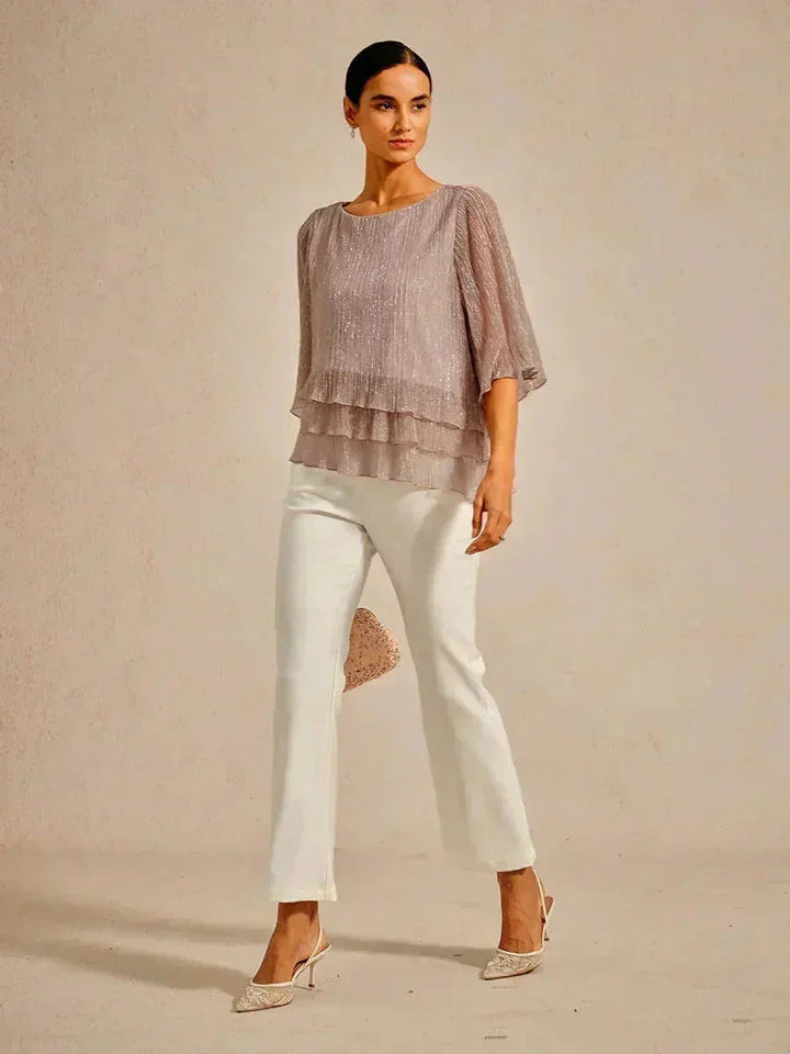 Metallic Geplooide Chiffon Asymmetrische Gelaagde Blouse
