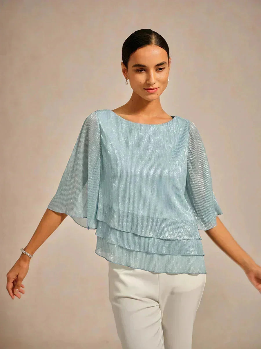 Metallic Geplooide Chiffonblouse met Asymmetrische Lagen