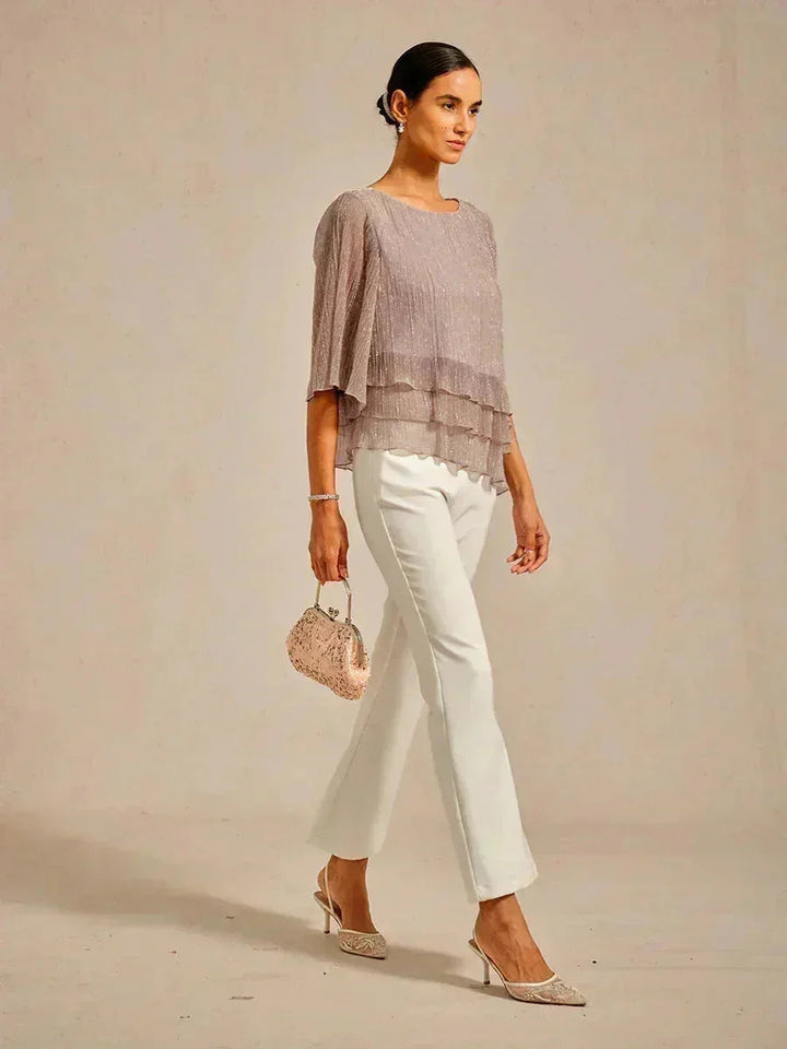 Metallic Geplooide Chiffonblouse met Asymmetrische Lagen