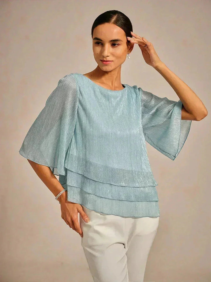 Metallic Geplooide Chiffon Asymmetrische Gelaagde Blouse