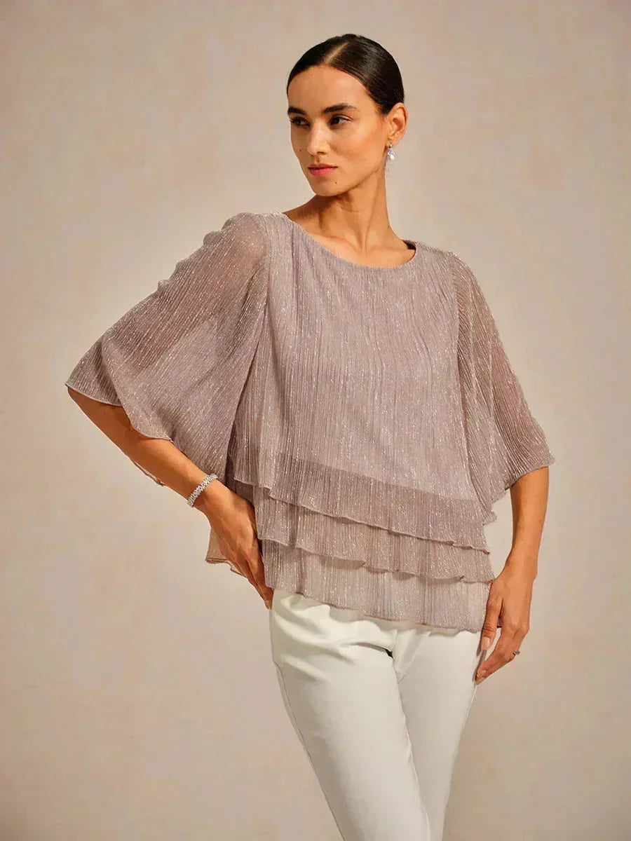 Metallic Geplooide Chiffon Asymmetrische Gelaagde Blouse