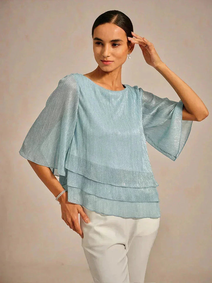 Metallisch Geplooide Chiffon Asymmetrische Gelaagde Blouse
