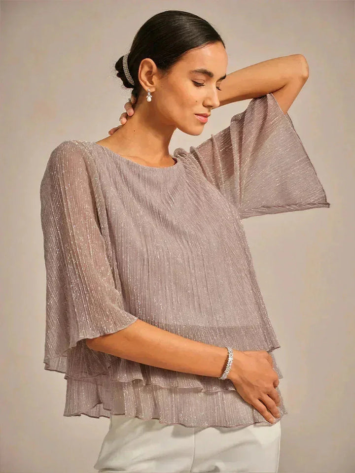 Metallic Geplooide Chiffon Asymmetrische Gelaagde Blouse