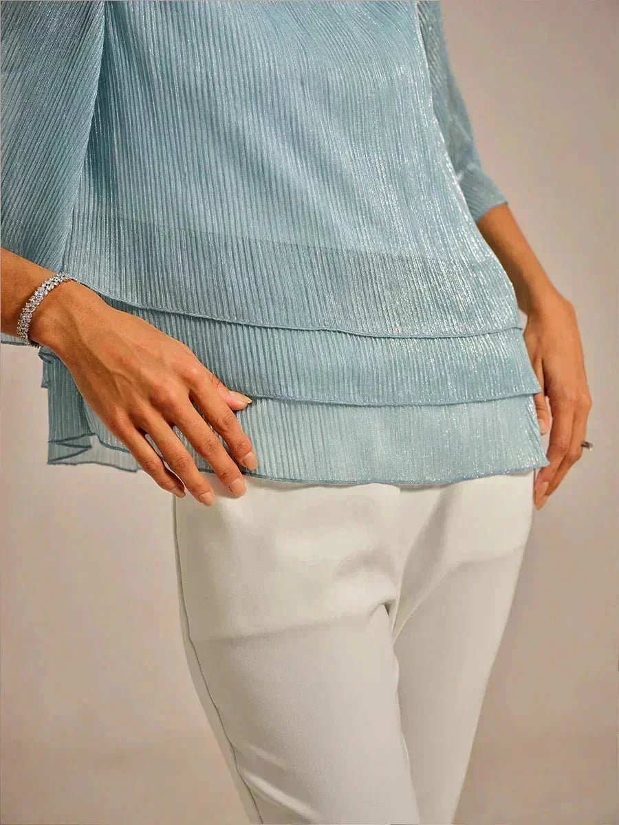 Metallic Geplooide Chiffonblouse met Asymmetrische Lagen