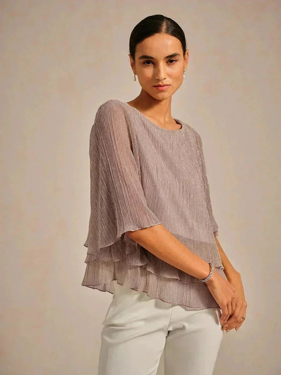Metallic Geplooide Chiffon Asymmetrische Gelaagde Blouse
