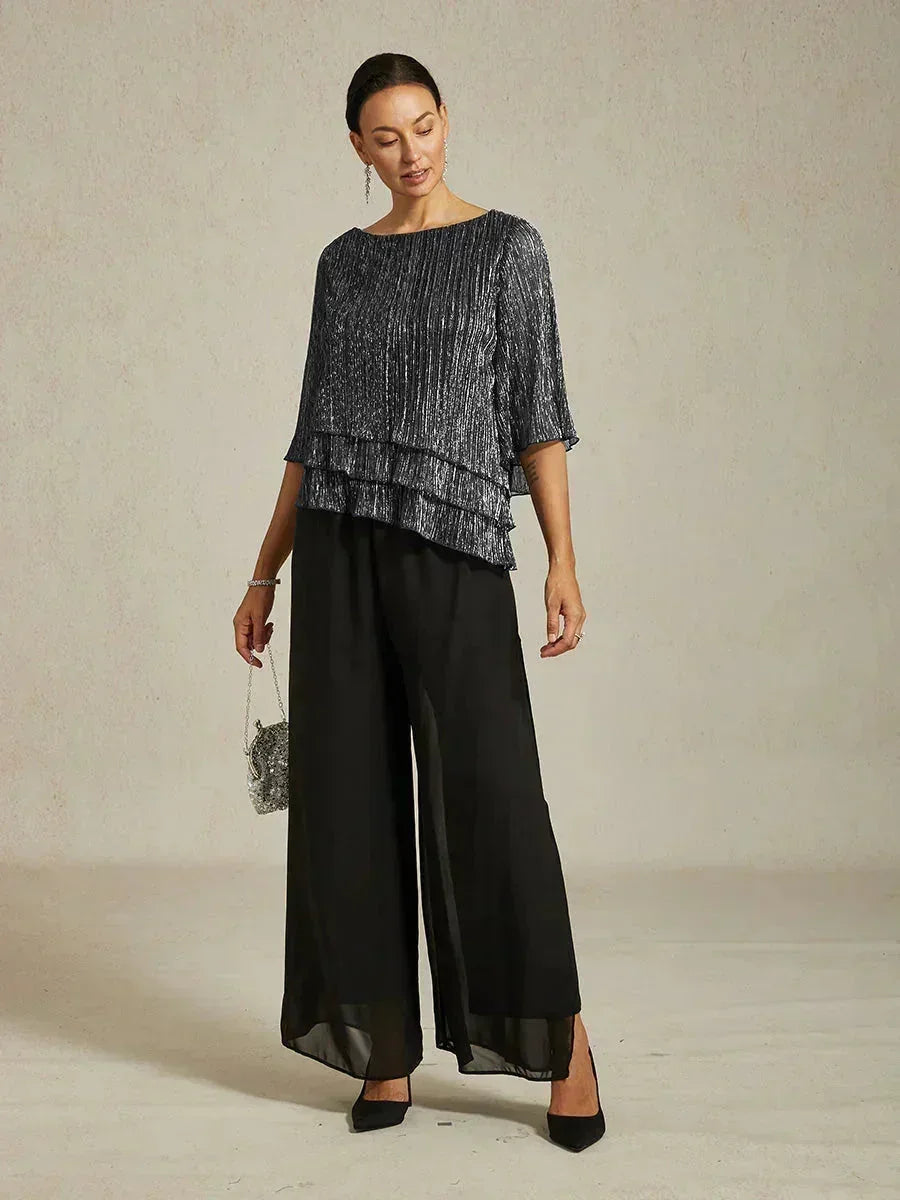 Metallische Geplooide Chiffon Asymmetrische Gelaagde Blouse
