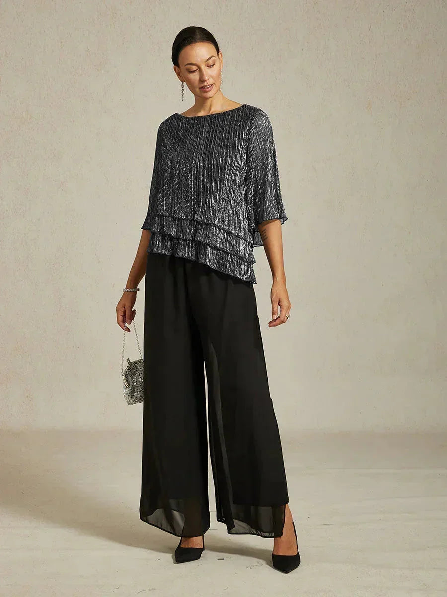 Metallic Geplooide Chiffonblouse met Asymmetrische Lagen
