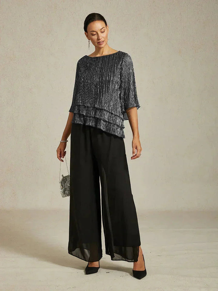 Metallic Geplooide Chiffonblouse met Asymmetrische Lagen
