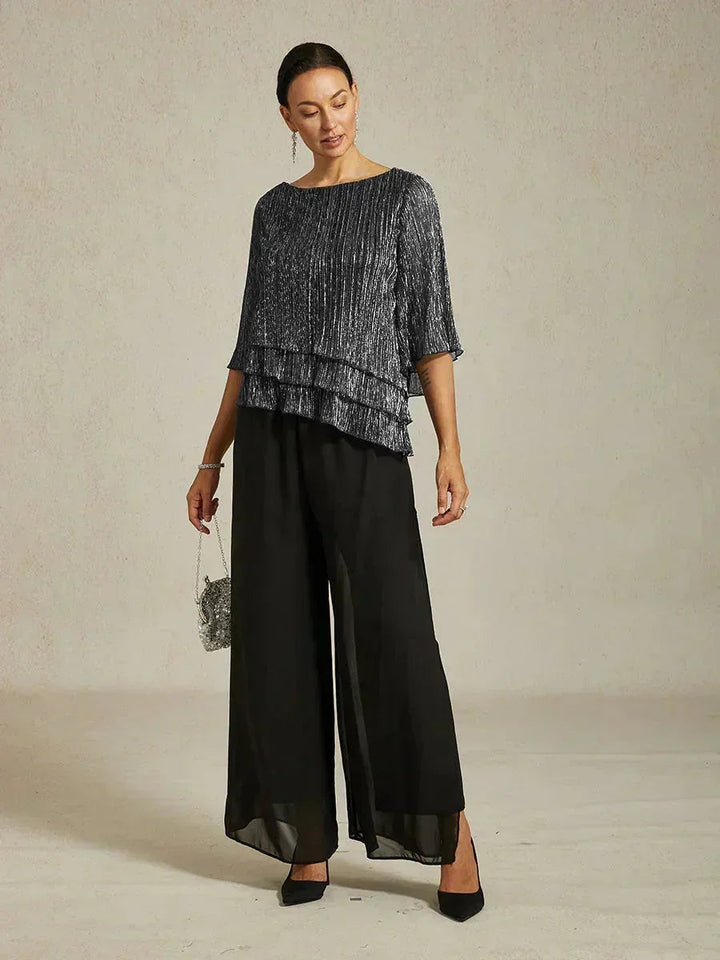 Metallische Geplooide Chiffon Asymmetrische Gelaagde Blouse