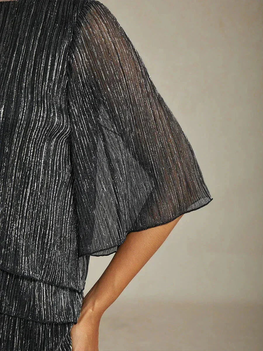 Metallische Geplooide Chiffon Asymmetrische Gelaagde Blouse