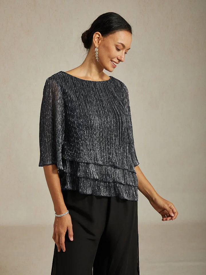 Metallic Chiffonblouse met Geplooide Stof en Asymmetrische Lagen