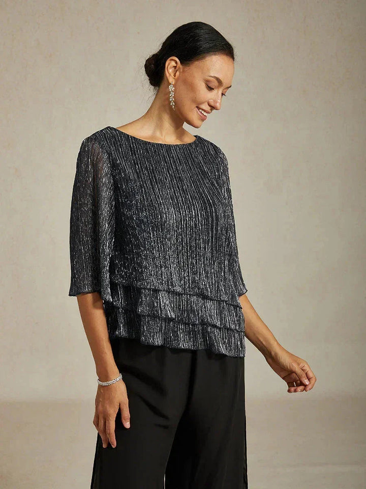 Metallic Geplooide Chiffon Asymmetrische Gelaagde Blouse