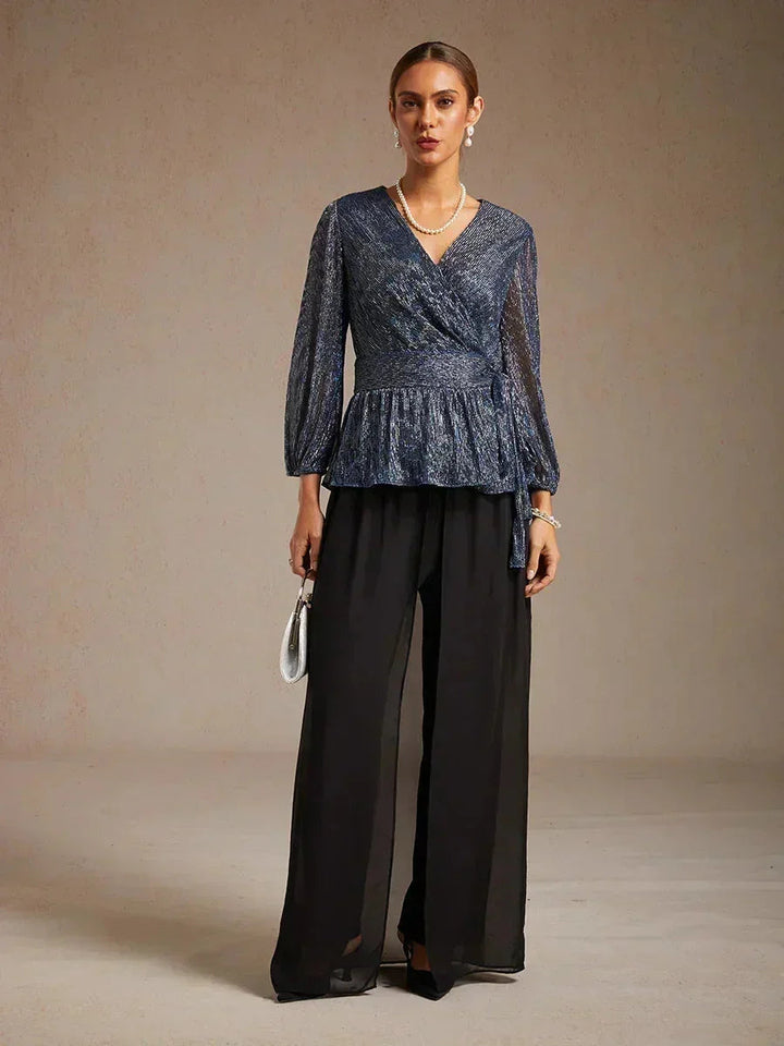 Metallic Geplooide Chiffon Wikkel-Top