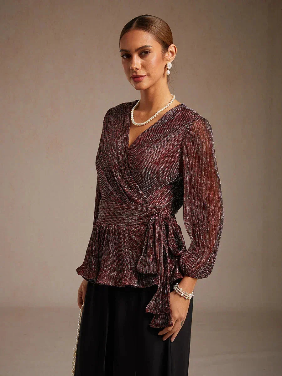 Metallic Geplooide Chiffon Wikkel-Top