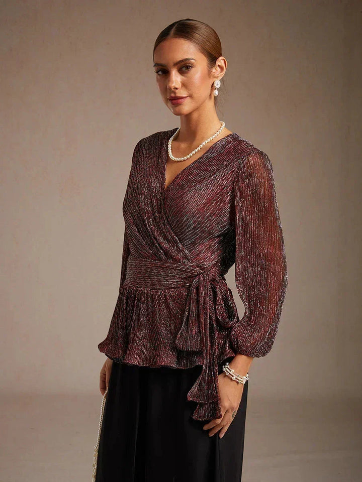 Metallic Geplooide Chiffon Wikkel-Top