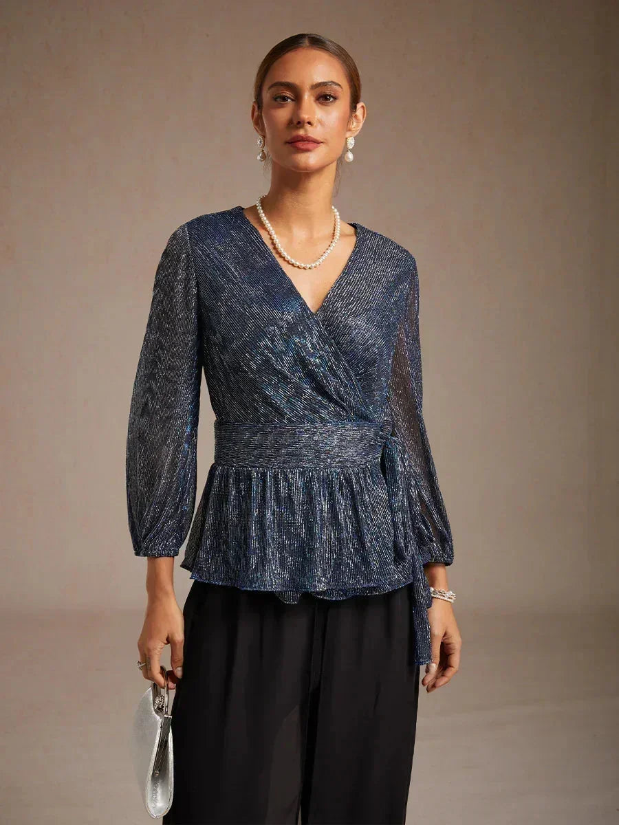 Metallic Geplooide Chiffon Wikkel-Top