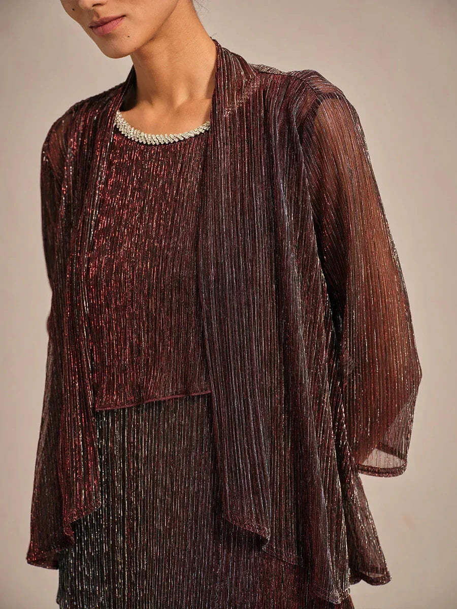 Metallic Geplooide Chiffon Lange Jas Met Gelaagd Ontwerp