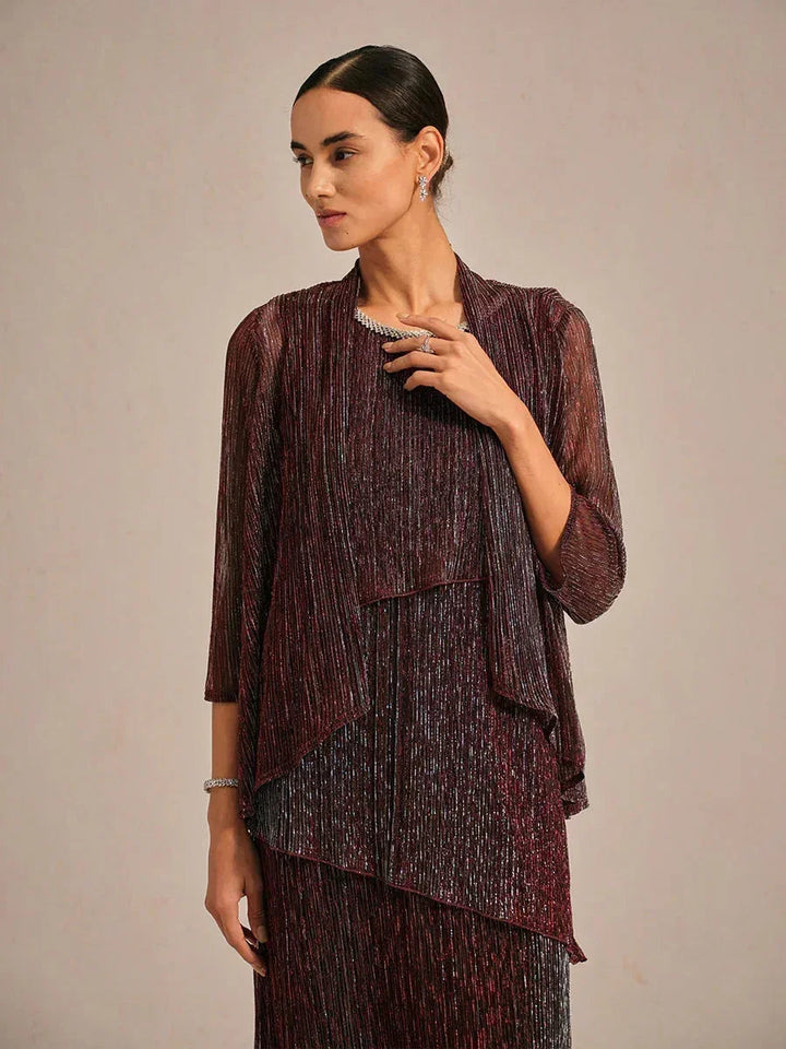 Metallic Geplooide Chiffon Lange Jas Met Gelaagd Ontwerp
