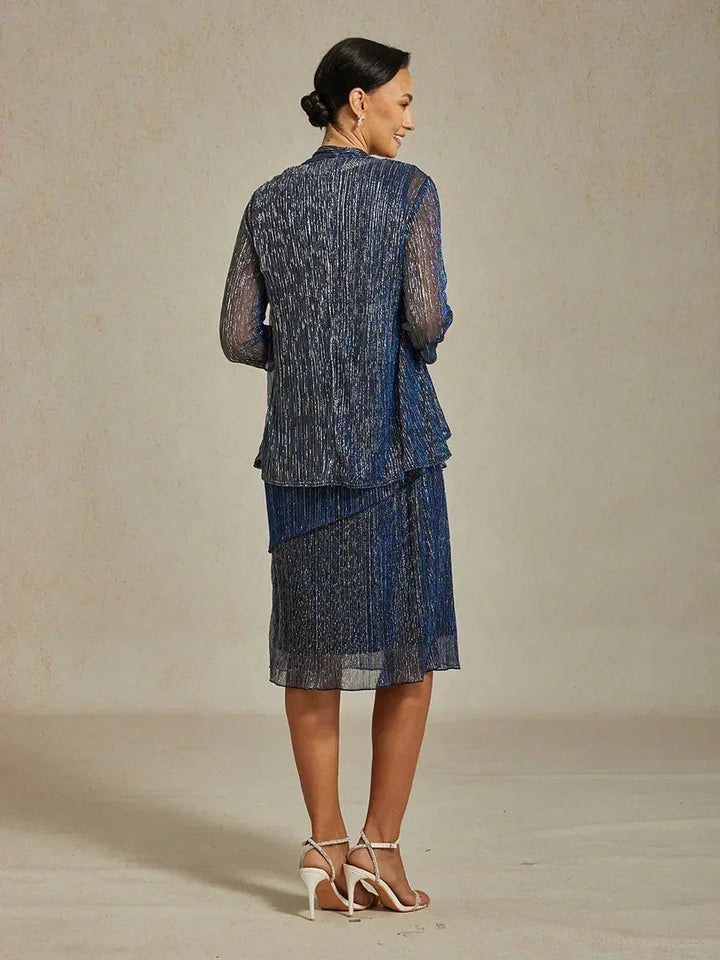 Metallic Geplooide Chiffon Midijurk Met Gekraalde Ronde Hals