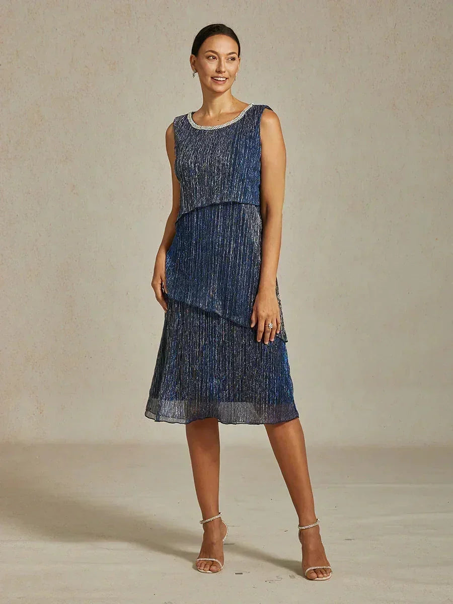 Metallic Geplooide Chiffon Midi-jurk met Kralenafgewerkte Ronde Hals