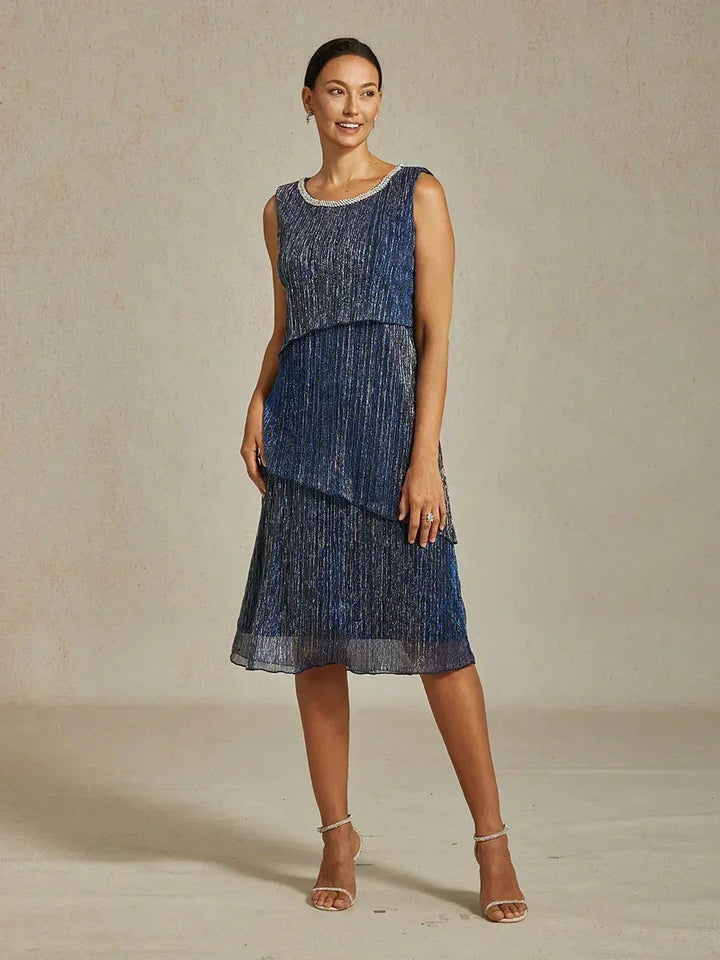 Metallic Geplooide Chiffon Midi-jurk met Kralenafgewerkte Ronde Hals