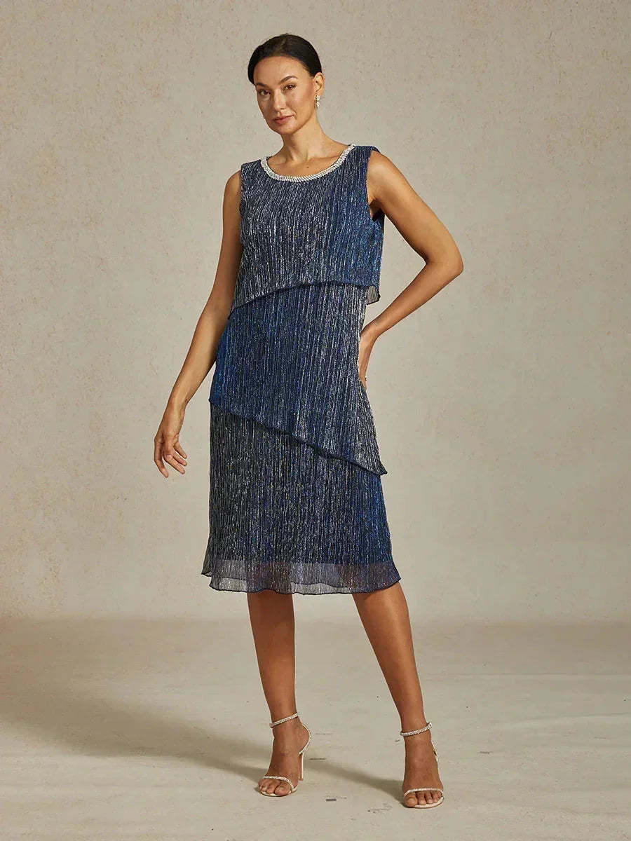 Metallic Geplooide Chiffon Midi-jurk met Ronde Hals en Kralen