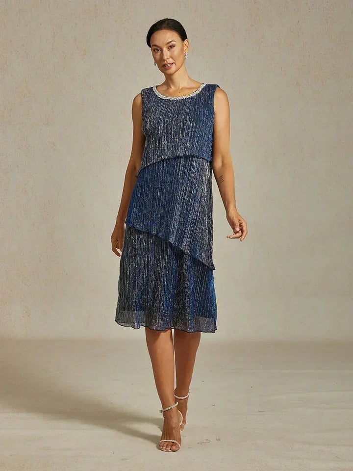 Metallic Geplooide Chiffon Midi-jurk met Ronde Hals en Kralen