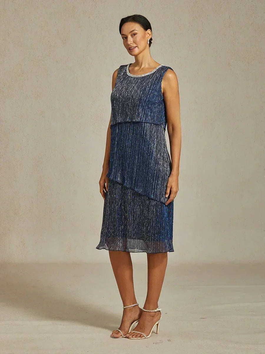 Metallic Geplooide Chiffon Midi-jurk met Kralenafgewerkte Ronde Hals