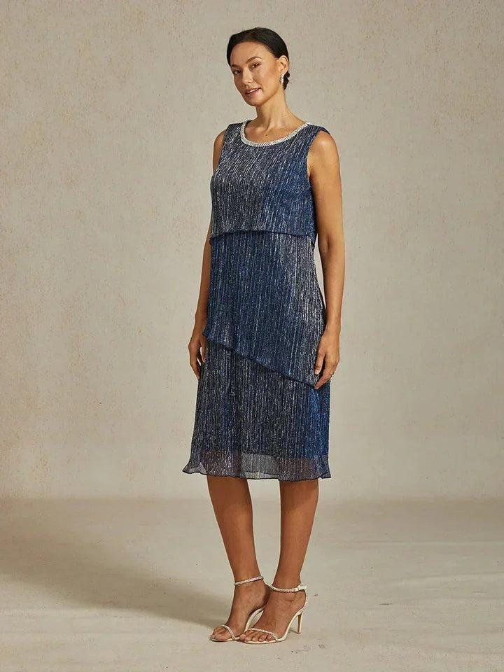 Metallic Geplooide Chiffon Midi-jurk met Kralenafgewerkte Ronde Hals