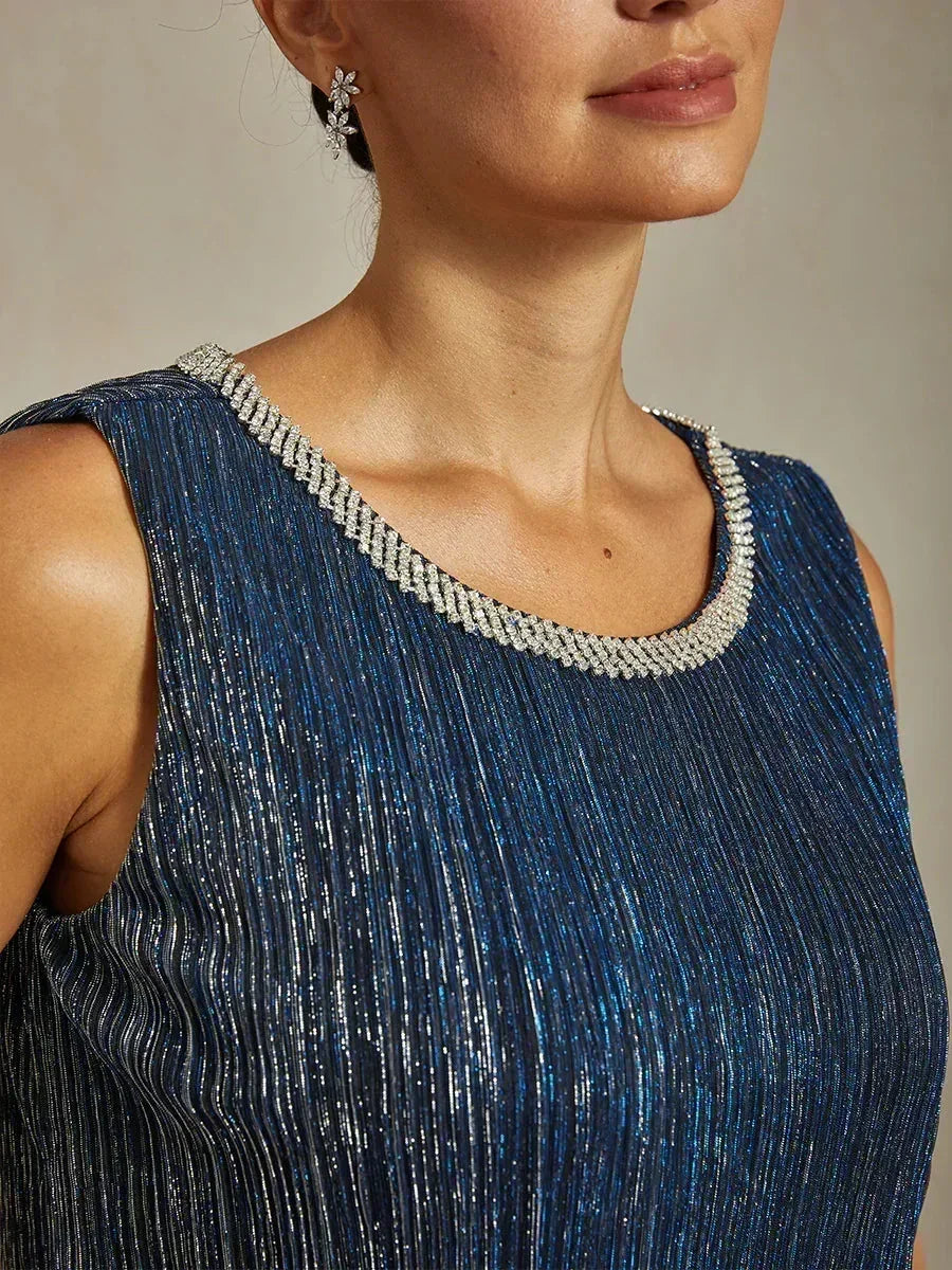 Metallic Geplisseerde Chiffon Midi-jurk met Ronde Hals met Kralen