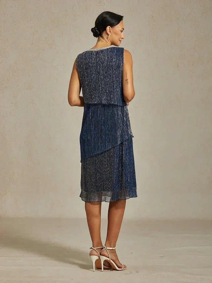 Metallic Geplooide Chiffon Midijurk Met Gekraalde Ronde Hals