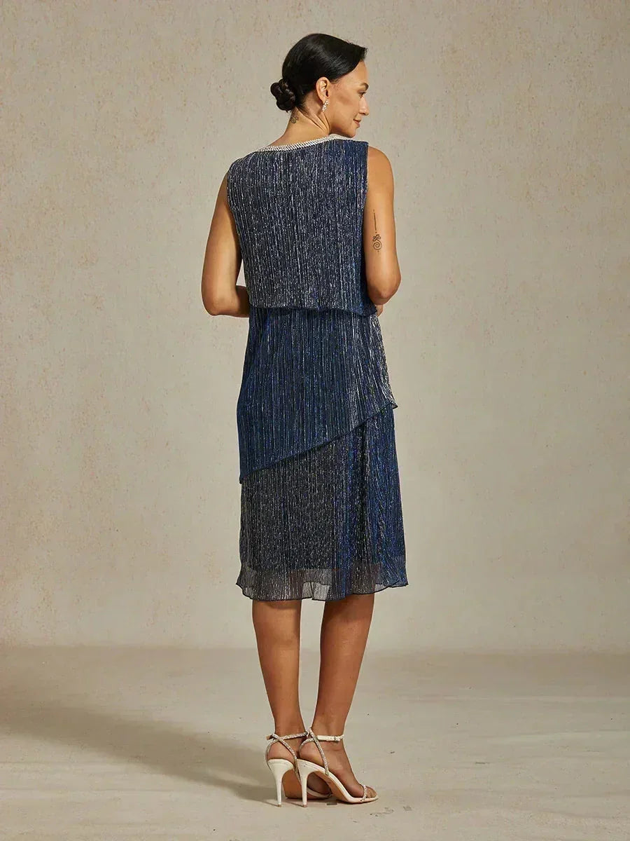 Metallic Geplooide Chiffon Midi-jurk met Kralenafgewerkte Ronde Hals