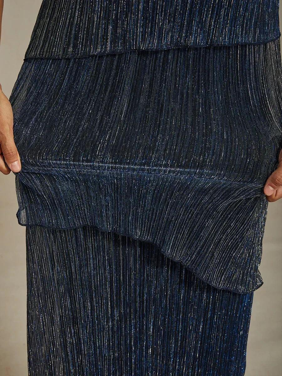 Metallic Geplooide Chiffon Midijurk Met Gekraalde Ronde Hals