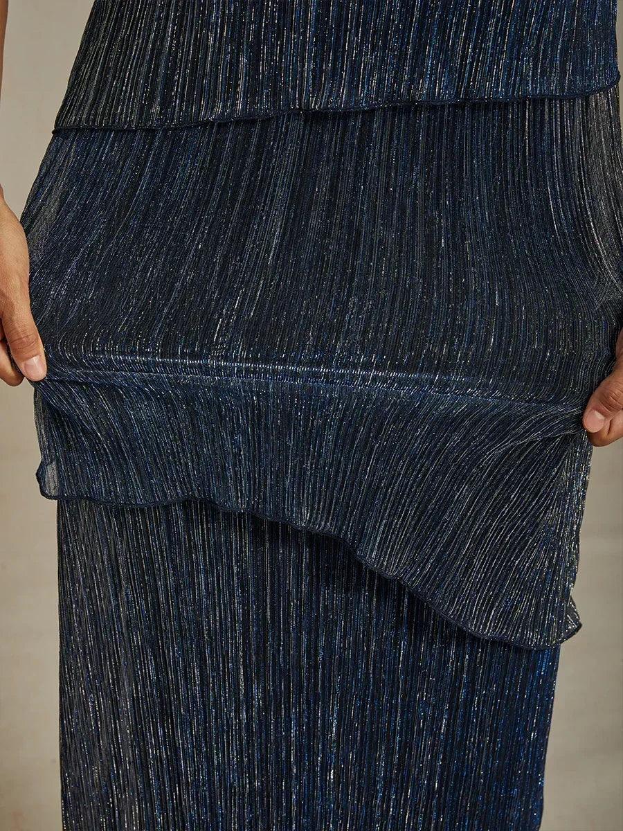 Metallisch Geplooide Chiffon Midi-jurk Met Ronde Hals Afgewerkt Met Kralen