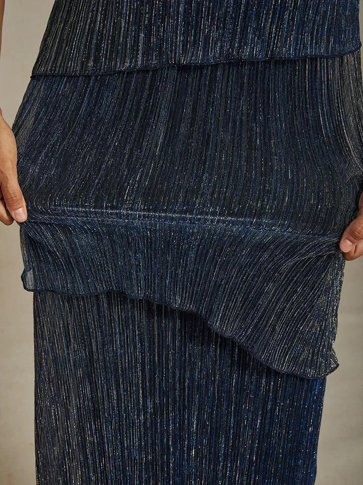 Metallisch Geplooide Chiffon Midi-jurk Met Ronde Hals Afgewerkt Met Kralen