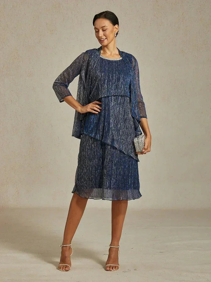 Metallic Geplooide Chiffon Midi-jurk met Kralenversierde Ronde Hals