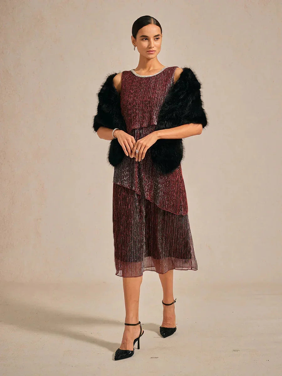 Metallisch Geplooide Chiffon Midi-jurk Met Ronde Hals Afgewerkt Met Kralen