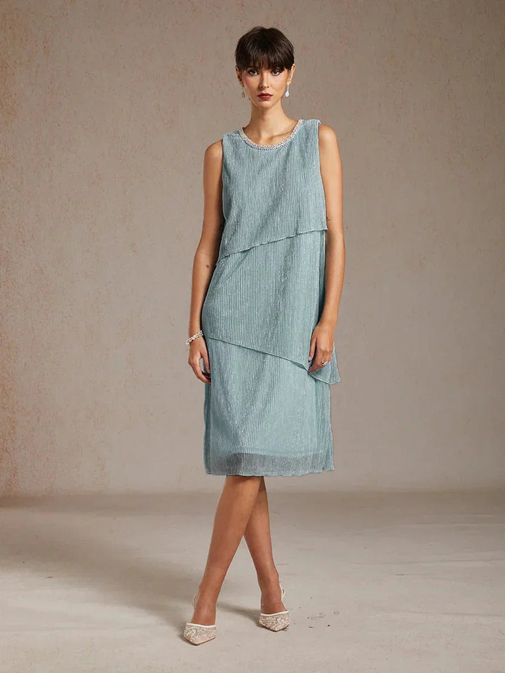 Metallic Geplooide Chiffon Midi-jurk met Ronde Hals en Kralen