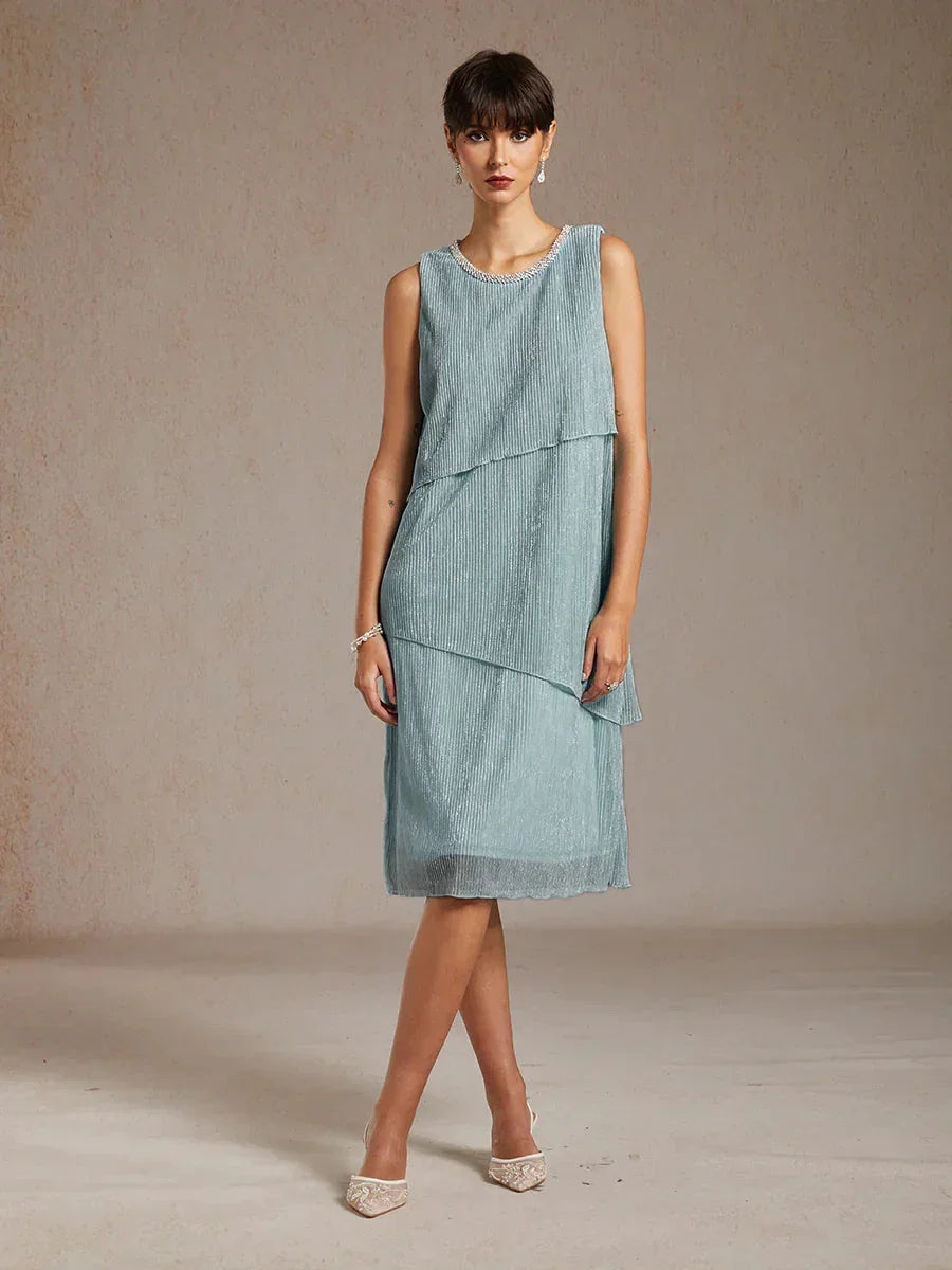 Metallic Geplooide Chiffon Midi-jurk met Kralenafgewerkte Ronde Hals