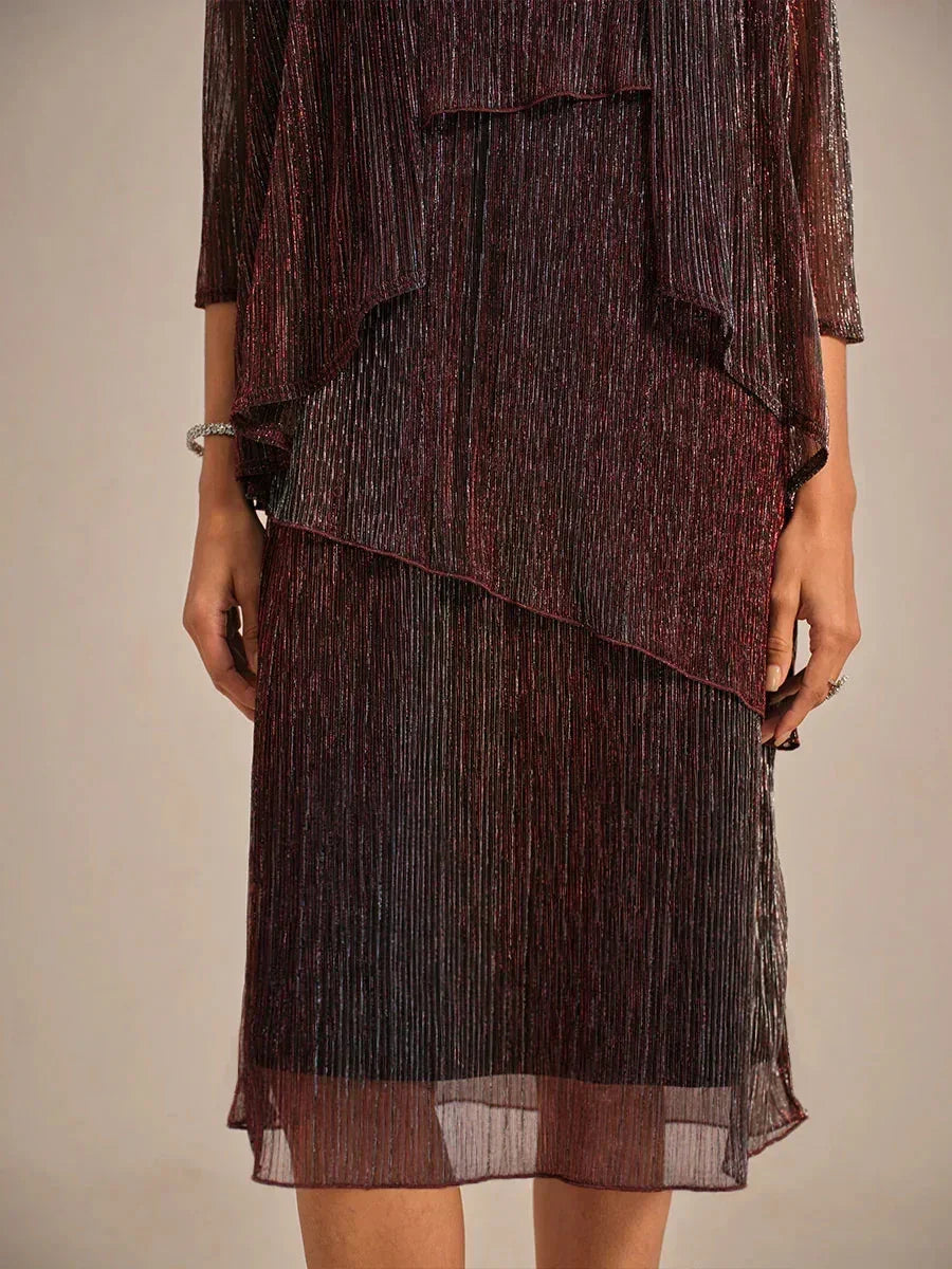 Metallic Geplooide Chiffon Midijurk Met Gekraalde Ronde Hals