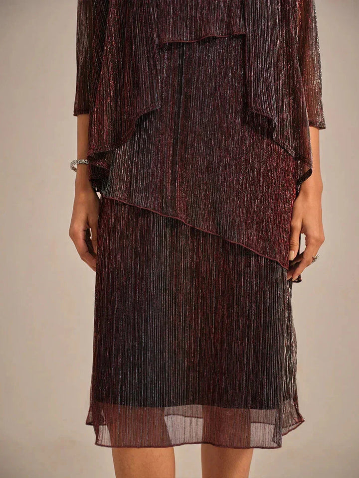 Metallic Geplooide Chiffon Midijurk Met Gekraalde Ronde Hals